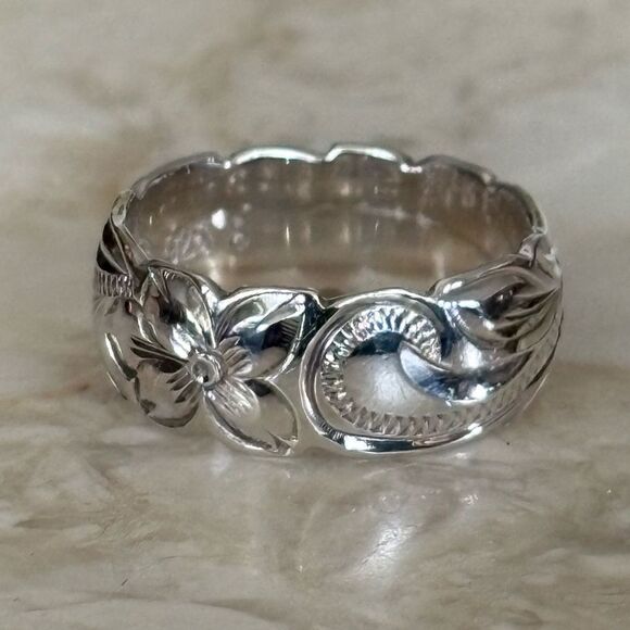 NEW! Hawaiian Wedding Band 925 Sterling Silver Scalloped Floral Pattern - Picture 3 of 12